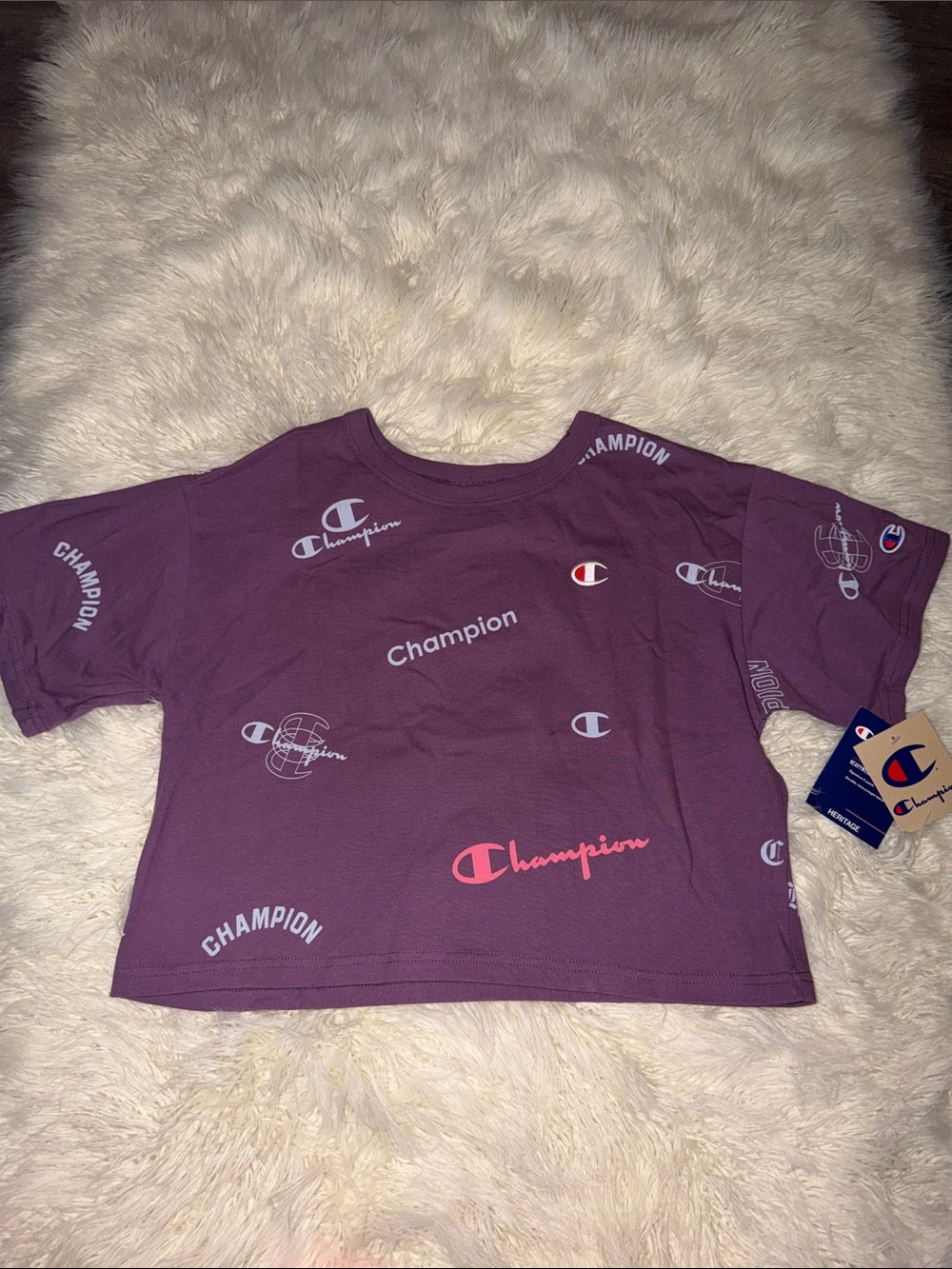 Champion Purple Logo Crop Tee with Pink Accent
